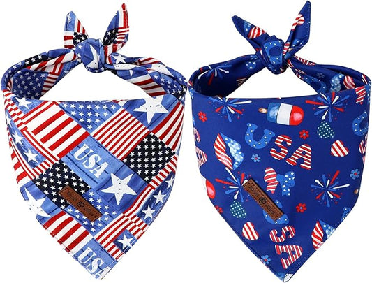 Lionet Paws Summer 2pcs Dog Bandanas, 4th of July USA Dog Scarf Bib Premium Fabric, Happy American Flag Blue Bandanas for Medium Large Dogs Pets