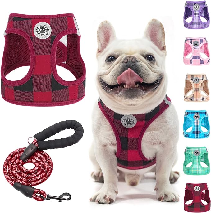 BEAUTYZOO Small Dog Harness and Leash Set,Step in No Choke No Pull Soft Mesh Dog Harnesses Reflective for Extra-Small/Small Medium Puppy Dogs and Cats, Plaid Dog Vest Harness for XS S Pets, Red L
