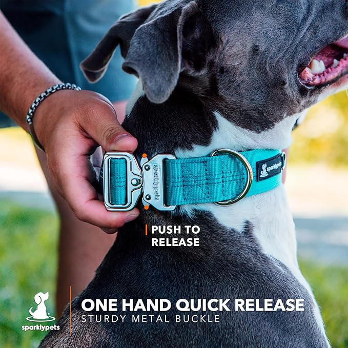 SparklyPets Heavy Duty Wide Dog Collar with Quick Release Chrome Buckle – Thick Tactical Dog Collar with Reflective Stripes & Soft Lining – for Large & Medium Breeds