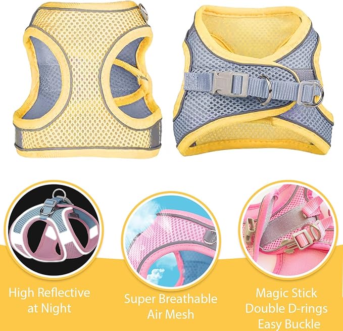 Soft Small Dog Harness and Leash Set Mesh Puppy Harnesses Leash Easy Walk Dog Vest Adjustable Reflective No Pull Dogs Harnesses for Small Dogs Cats (Yellow Grey, XXS)