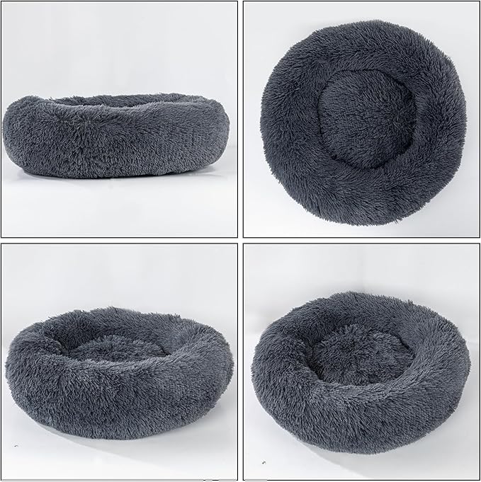 Calming Dog Bed for Medium and Large Dogs - Round Donut Washable Anti-Slip Faux Fur Fluffy Cuddle Anxiety Cat Bed (36" Dark Grey)