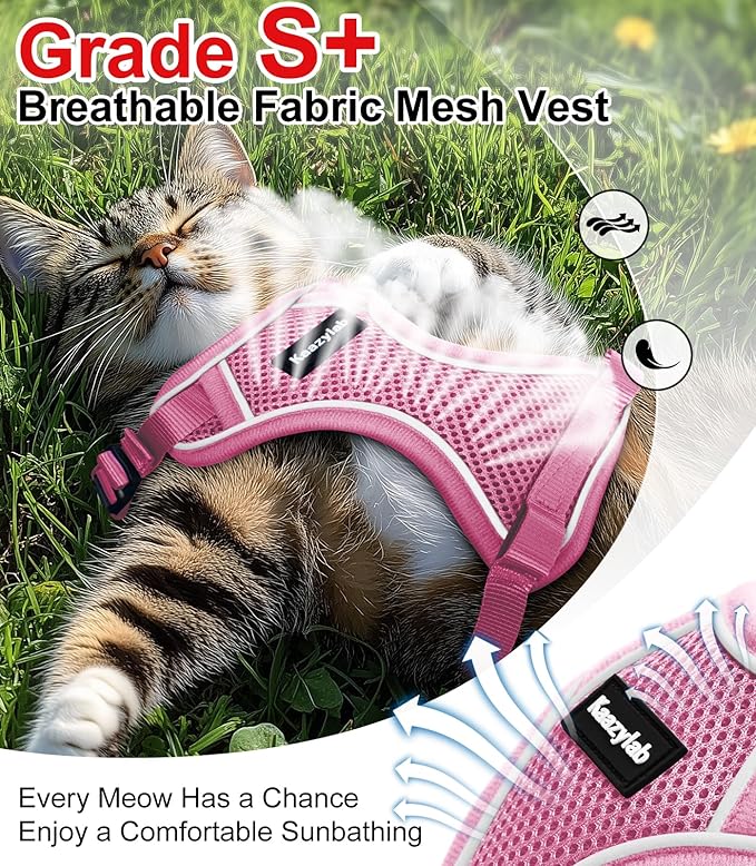 Cat Harness and Leash for Walking Escape Proof Soft Adjustable Cat Leash Breathable Comfortable Vest Easy to Wear Kitten Harness for Outdoor Travel Pink M