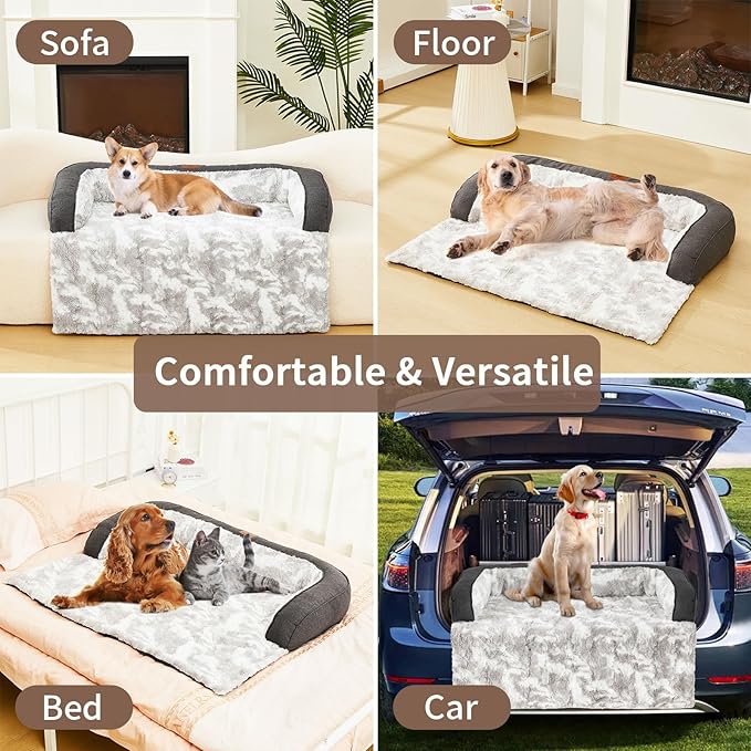 Calming Dog Couch Bed Mat, 35x31 Inch Waterproof Fluffy Sofa Cover, Furniture Protector with Handle, Removable and Washable Pet Bed for Small Medium Dogs and Cats (Grey)
