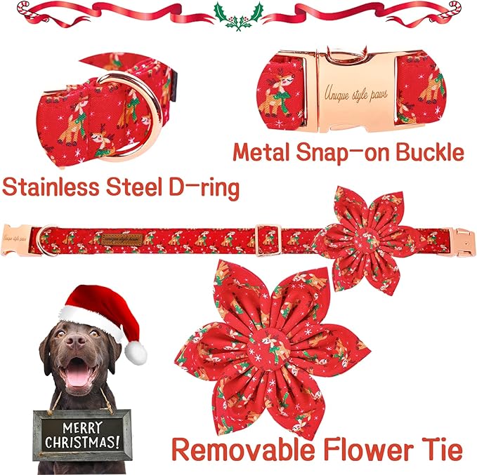 Unique style paws Christmas Dog Collar with Flower Tie Red Elk Pure Cotton Collar Adjustable Puppy Collar for Small Medium Large Dogs-S