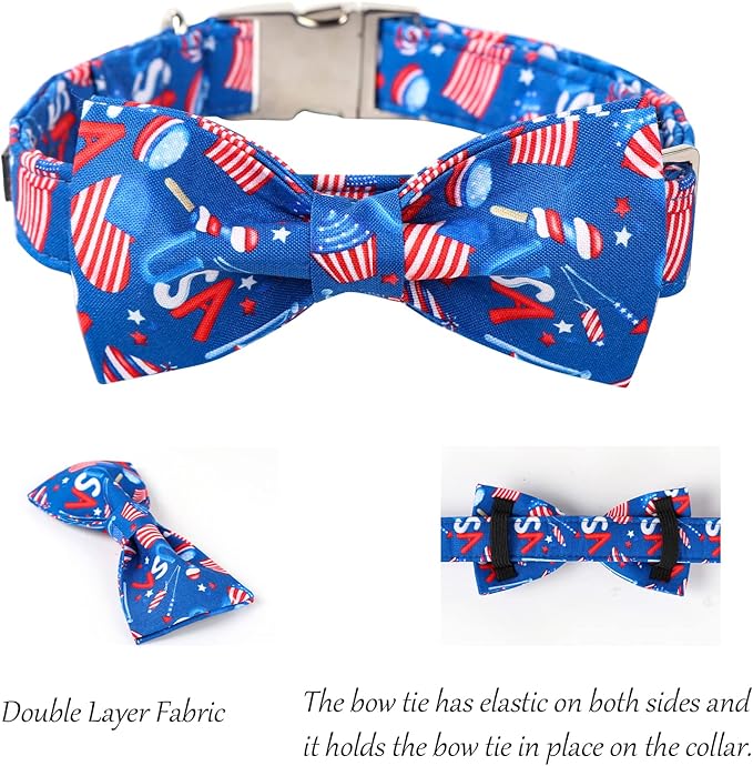 Lionet Paws Patriotic Dog Collar with Bowtie, 4th of July, Soft and Comfortable Adjustable American Flag Bowtie Collar for Large Dogs Male Female Gift, Neck 16-24 inches