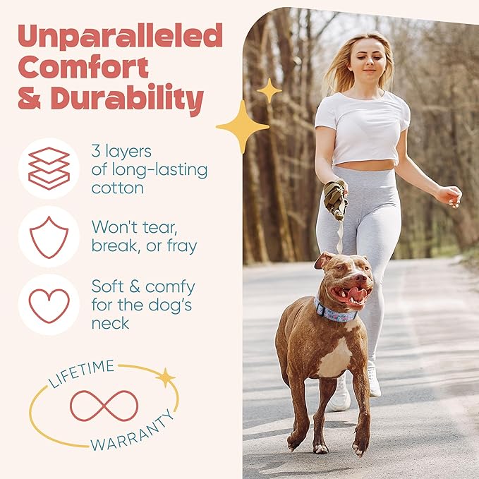 Dog Collar for Medium & Large Dogs - Rose Flowers Cotton Padded Pattern on Long Lasting, Adjustable, Strong and Durable Collars - Choose from Stunning Patterns and Colors