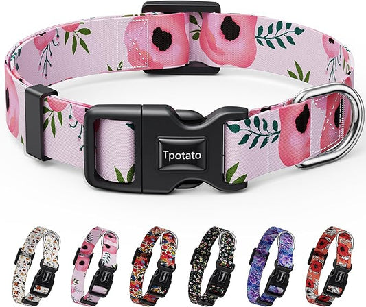 Tpotato Reflective Combination Pattern Girl Dog Collar for Puppy Small Medium Large Breed Dogs,Female Cute Floral Designer Dog Collars,Adjustable Soft Nylon Pet Collar,Quick Release Dog Collar XS