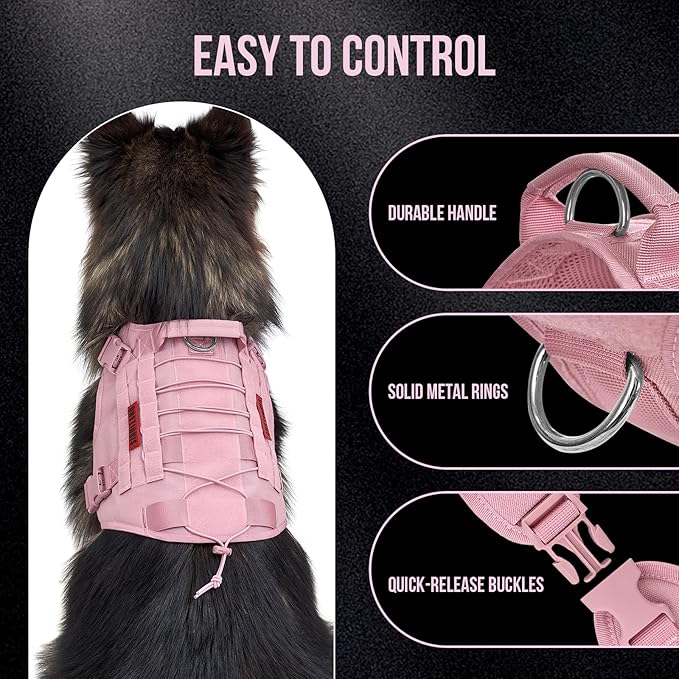 OneTigris Tactical Dog Harness Vest,No-Pull Service Dog Vest with Hook & Loop Panels,Adjustable Dog Vest Harness for Walking Hiking Training(Pink,XL)
