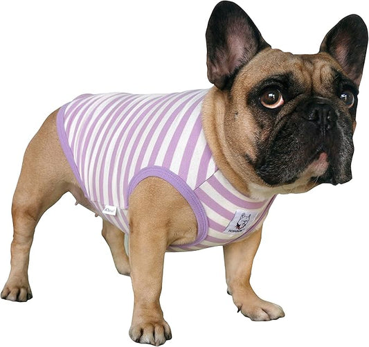 iChoue Pug 100% Breathable Cotton Striped T Shirts Halloween Vest Clothes for Medium Dogs Tank Tops Puppy French Bulldog Frenchie English Boston Terrier Pitbull Purple White Stripes - Small