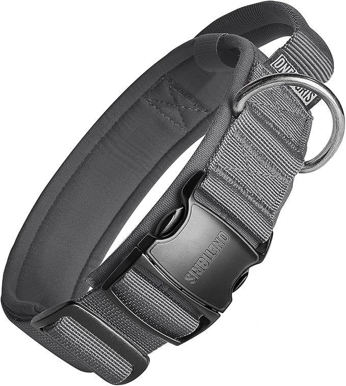 OneTigris Tough Dog Collars, Tactical Dog Collar with Handle, Milltary Adjustable Dog Collar with Heavy Duty Metal Buckle for Training (Large,Gray)