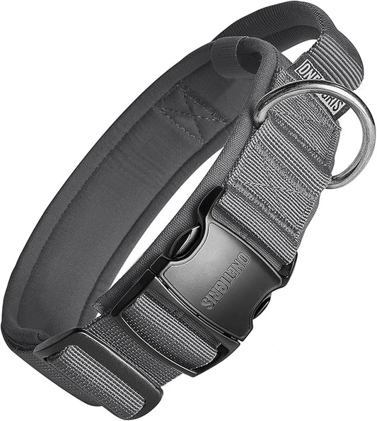 OneTigris Tough Dog Collars, Tactical Dog Collar with Handle, Milltary Adjustable Dog Collar with Heavy Duty Metal Buckle for Training (Large,Gray)