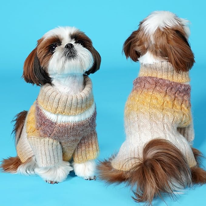 KYEESE Dog Sweater for Small Dogs Thick Cable Knit Dog Turtleneck Knitwear Warm with Sleeves Puppy Sweater Fuzzy, Brown, Small