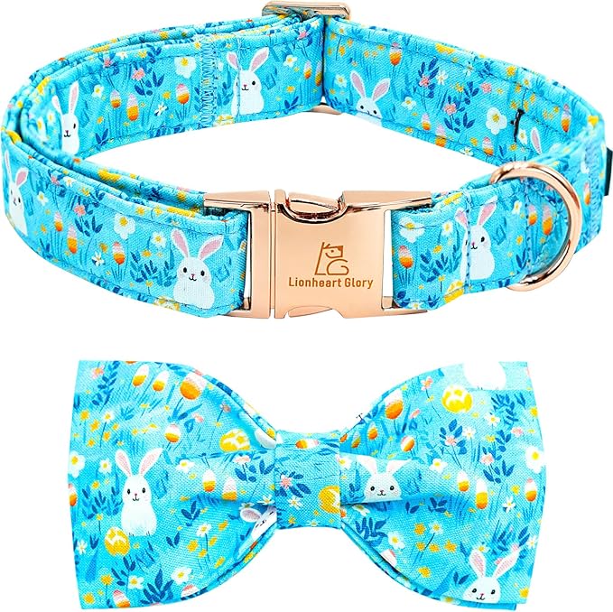 Lionheart glory Dog Bow Collar Easter Day Dog Collar for Large Dogs,Easter Rabbits Colorful Dog Collars with Bowtie Spring Bunnies Blue Collars Pet Collar Bows