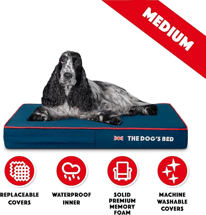 The Dog’s Bed Orthopedic Memory Foam Dog Bed, Medium Blue Oxford with Red Trim UK Flag 34x22, Pain Relief for Arthritis, Hip & Elbow Dysplasia, Post Surgery, Supportive, Calming, Waterproof Washable