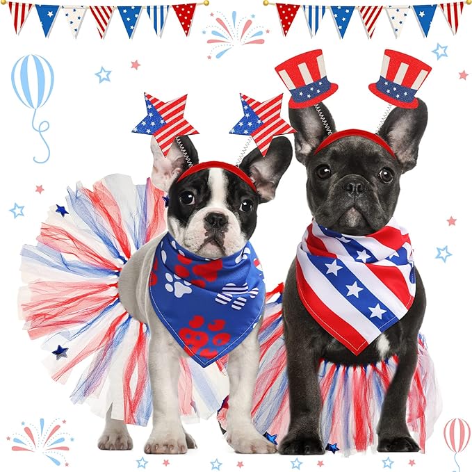 Silkfly 6 Pieces 4th of July Dog Costume Accessories Includes 4th of July Dog Bandanas Puppy Tulle Tutu and Dog Patriotic Headbands for Dogs Independence Day Fourth 4th of July Apparel Accessories
