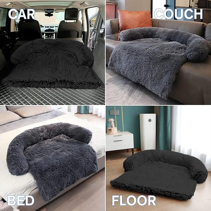 Calming Dog Bed Fluffy Plush Dog Mat for Furniture Protector with Removable Washable Cover for Large Medium Small Dogs and Cats (Medium, Black)