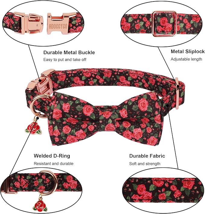 ADOGGYGO Floral Dog Collar with Bow, Red Rose Flower Dog Bowtie Collar with Metal Buckle, Adjustable Pet Floral Collars for Large and Extra Large Dogs (X-Large)