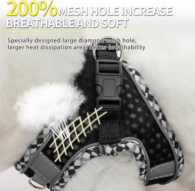 Step in Dog Harness and Leash Set, No Pull Escape Proof Vest Harness with Soft Diamond Mesh and Reflective Bands, Adjustable Pet Outdoor Harnesses for Medium Size Dogs Black M