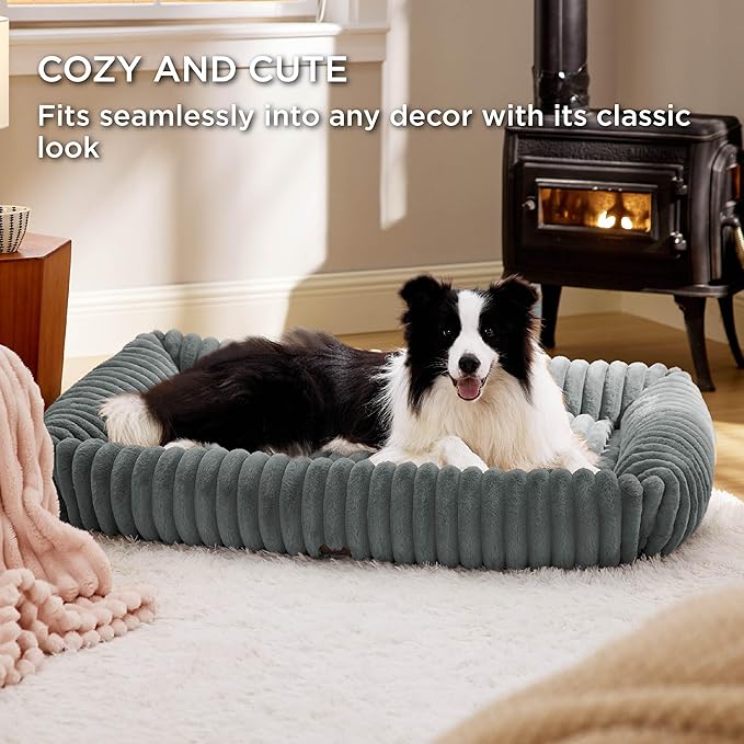 Bedsure Cute Dog Bed for Extra Large Dogs - Washable Furry Puppy Beds, Rectangle Orthopedic XL Pet Beds with Removable Zipper Cover, 43x30x8inches, Warm Grey