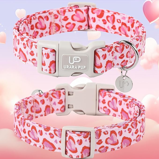 Pink Heart Dog Collar, Adjustable Size (15.35"-23.62"), Valentine's Gift for Puppy Dogs, Wedding Collar
