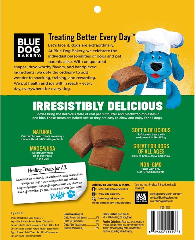 Blue Dog Bakery Natural Dog Treats, Softies, Peanut Butter Flavor, 16.2oz Bag, 6 Bags