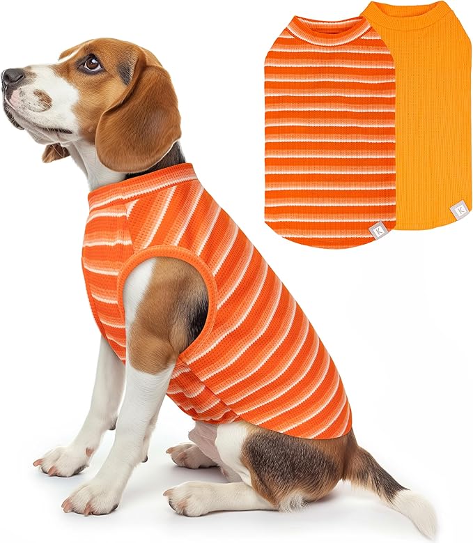 KYEESE 2Pack Waffle Dog Shirts for Small Dogs Stretchy T-Shirts Lightweight Tank Top Sleeveless Striped Shirt Vest Breathable Cat Shirt, XX-Large, Orange+Striped