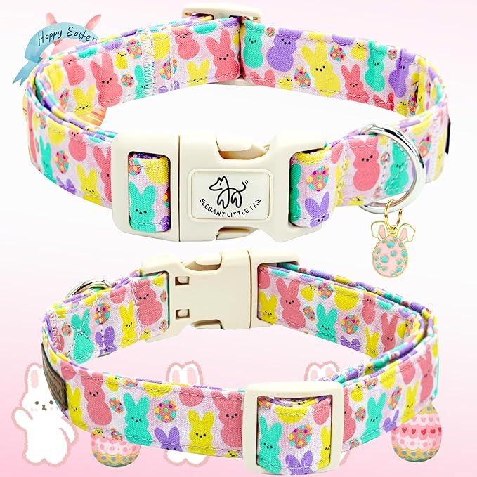 Elegant little tail Easter Dog Collar,Bunny Pattern Pet Collar Pink Durable Holiday Female or Male Adjustable Cotton Pet Collar with Quick Release Buckle for Medium Dogs