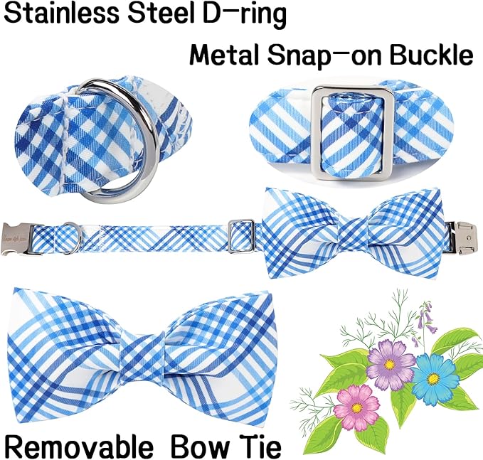 Unique style paws Cotton Dog Collar with Bow Spring Summer Collar with Blue White Grid for Small Medium Large Boys Girls Dogs
