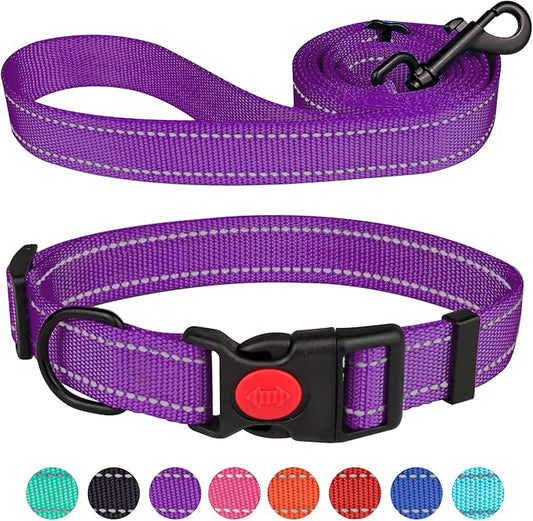 Reflective Dog Collar and Leash Set with Safety Locking Buckle Nylon Pet Collars Adjustable for Small Medium Large Dogs 4 Sizes(Purple&M)