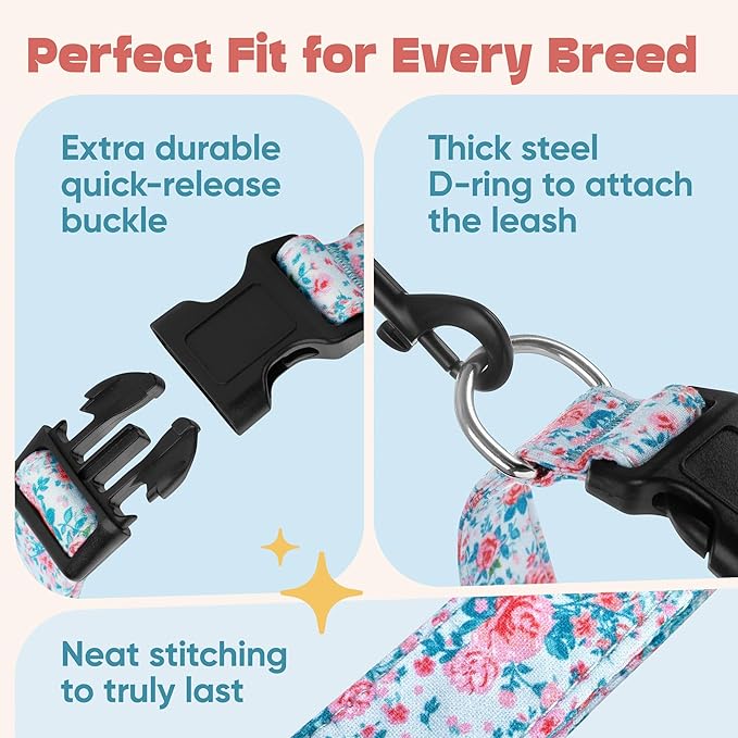 Dog Collar for Medium & Large Dogs - Rose Flowers Cotton Padded Pattern on Long Lasting, Adjustable, Strong and Durable Collars - Choose from Stunning Patterns and Colors