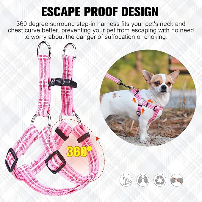 BEAUTYZOO No Pull Dog Harness and Leash Set - Adjustable Step-in Puppy Harness for Small Medium Large Dogs, Escape Proof Soft Nylon Vest with Double D Ring for Walking Running Training, Pink Plaid S