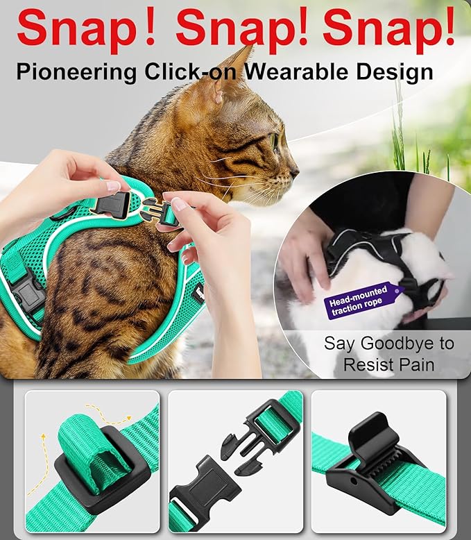Cat Harness and Leash for Walking Escape Proof Soft Adjustable Cat Leash Breathable Comfortable Vest Easy to Wear Kitten Harness for Outdoor Travel Emerald XS