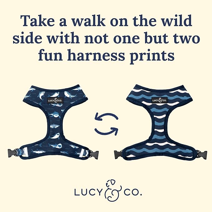 Reversible Dog Harness - Best Designer Pet Harnesses for Extra Small Medium Large XL Dogs - Padded Adjustable Puppy Vest for Easy Walking (Medium, Shark Attack)