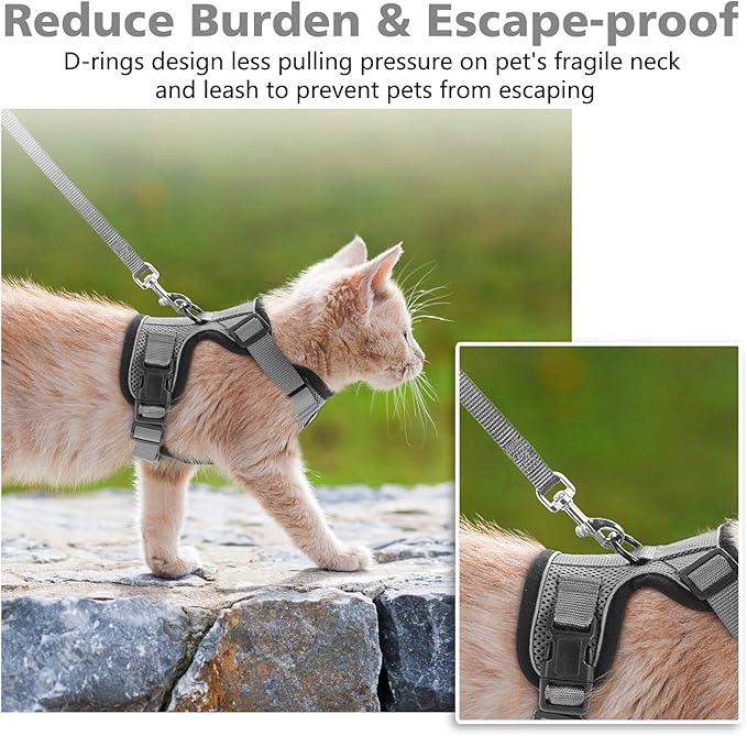 Dooradar Cat Harness and Leash Set, Escape Proof Safe Adjustable Kitten Vest Harnesses for Walking, Easy Control Soft Breathable Mesh Jacket with Reflective Strips for Cats, Grey, XS