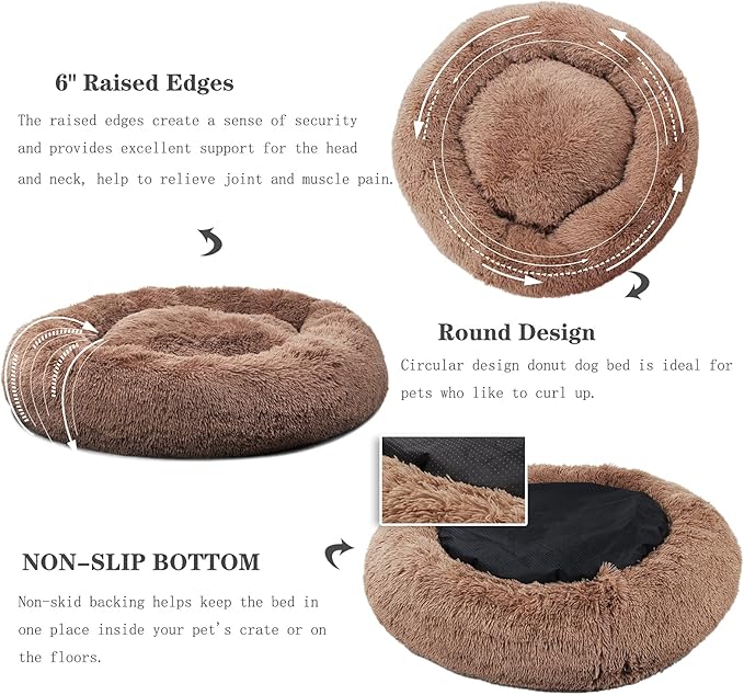 nononfish Small Puppy Beds for Small Dogs Washable - 19 Inches Round Faux Fur Pet Bed for Puppy and Cat Donut Fluffy Plush Orthopedic Doggy Beds Relief Improved Sleeping,Camel
