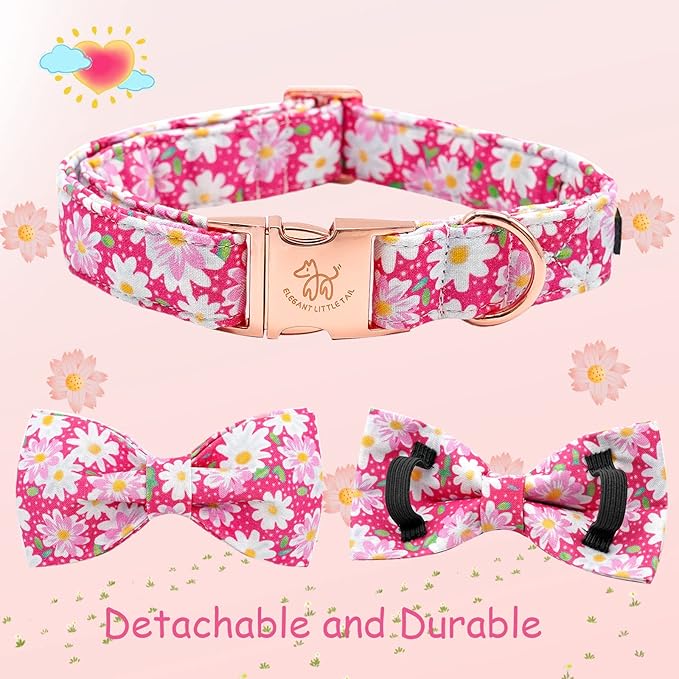 Elegant Little Tail Pink Floral Girl Dog Collar with Bow - Adjustable X-Small Puppy Collar Gift