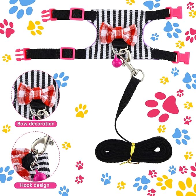 2 Pieces Hamster Harness and Leash Set for Walking, Small Guinea Pig Clothes with Bowknot Bell, No Pulling Comfort Padded Vest Striped for Guinea Pig Hamster Ferret, Small Animals (Blue, Black,S)