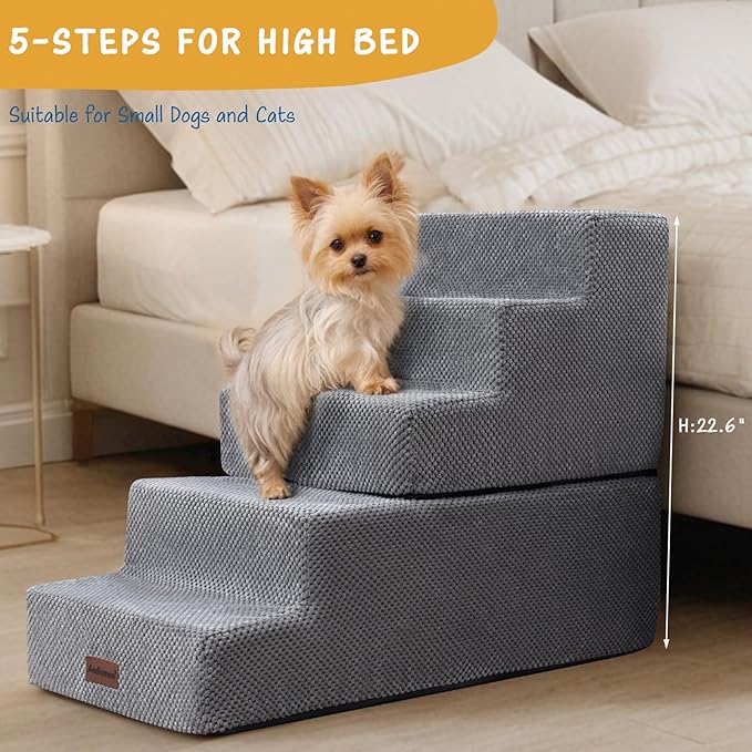 5-Step Dog Stairs for High Beds, Non-Slip Pet Steps for Small Dogs & Cats, Grey, 22.6" H