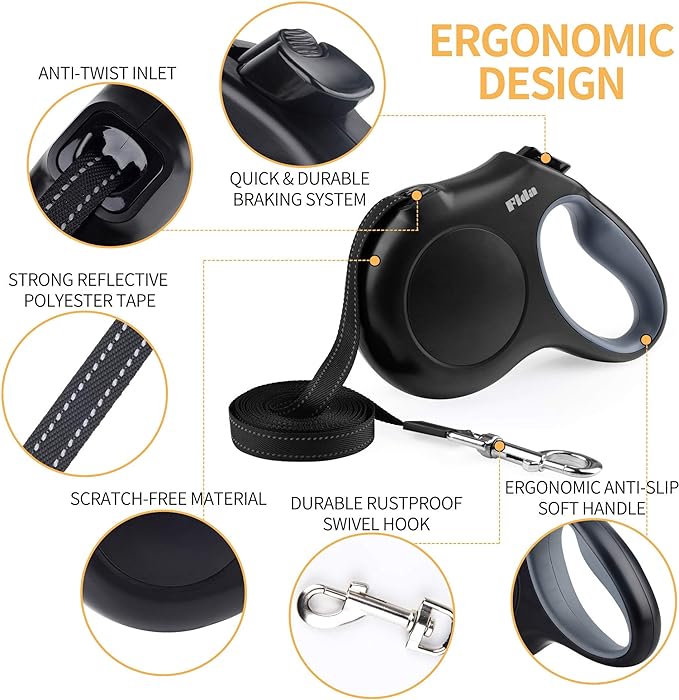 Fida Retractable Dog Leash X-Small Breed, 10 ft Durable Pet Walking Leash for Extra Small Dogs/Cats/Small Animals up to 18 lbs, 360° Tangle Free, Black