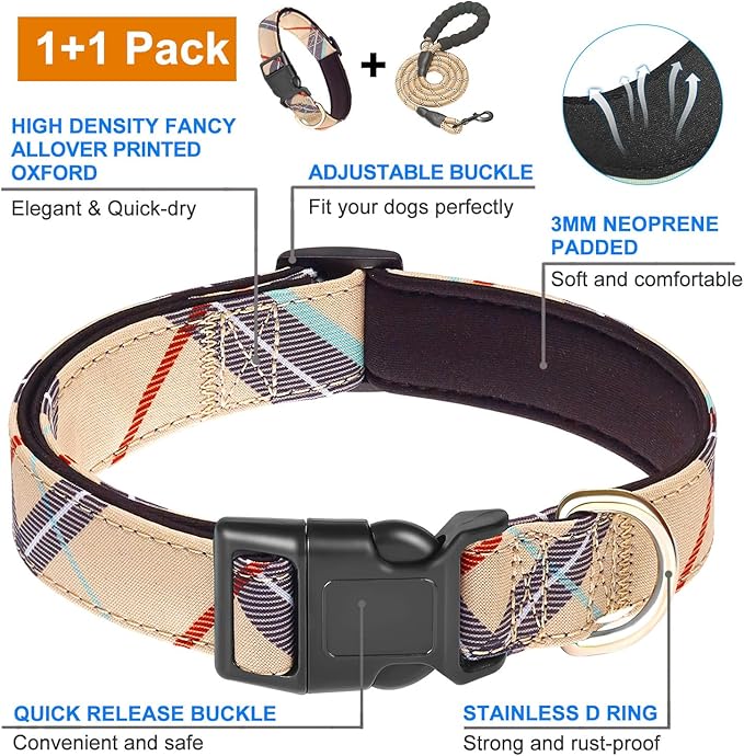 Nylon Dog Collar Soft Neoprene Padded Adjustable Dog Collars for Small Medium Large Dogs (XS Neck 9"-12", Beige)