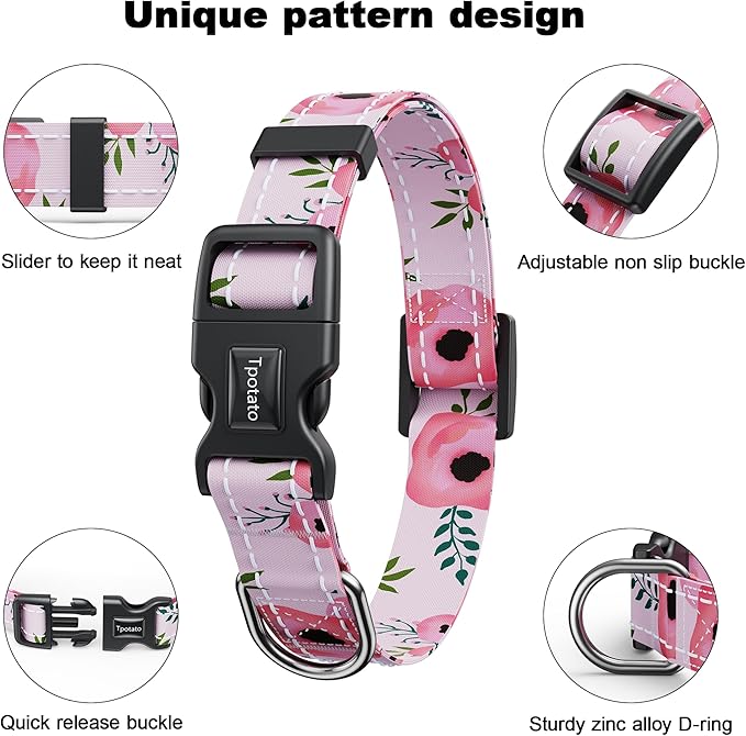 Tpotato Reflective Combination Pattern Girl Dog Collar for Puppy Small Medium Large Breed Dogs,Female Cute Floral Designer Dog Collars,Adjustable Soft Nylon Pet Collar,Quick Release Dog Collar S