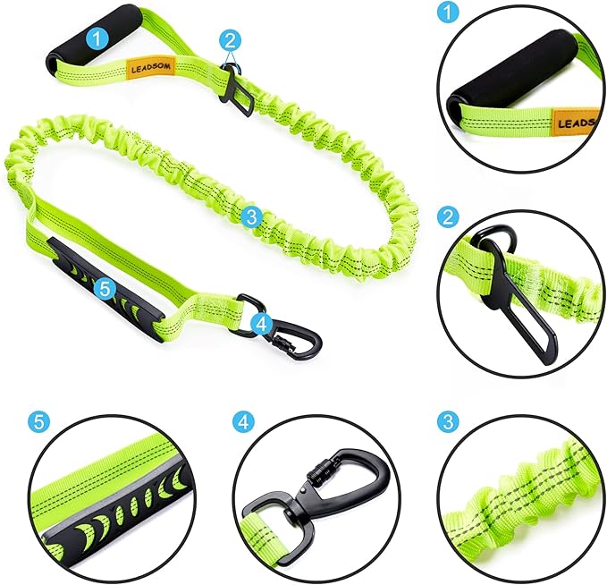 6FT Highly Reflective Heavy Duty Elastic Bungee Medium and Large Dog Leash Shock Absorbing with Comfortable Padded Handle and Traffic Handle Suitable for Training Green