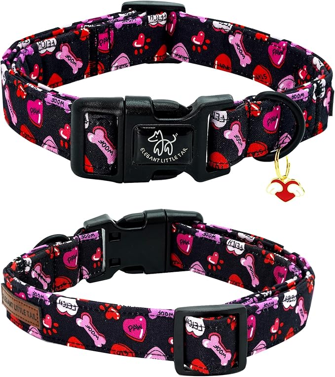 Elegant little tail Day Dog Collar, Red Heart Dog Collars Female or Male Adjustable Cotton Pet Collar with Quick Release Buckle for Small Medium Large Dogs