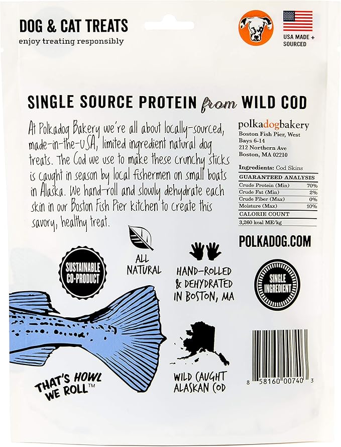 Polkadog Cod Skins Dog Treat - Lean Protein, Made in USA, Single-Ingredient, Grain & Gluten Free, for All Breeds - Crunchy Fish Skin Treat for Teeth Health, 2oz Shortie
