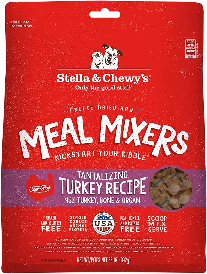 Stella & Chewy's Freeze-Dried Raw Tantalizing Turkey Meal Mixers- Dog Food Topper and Mixer - Made with 95% Cage-Free Turkey, Organs & Bone - Perfect for Picky Eaters - Grain-Free - 35 oz