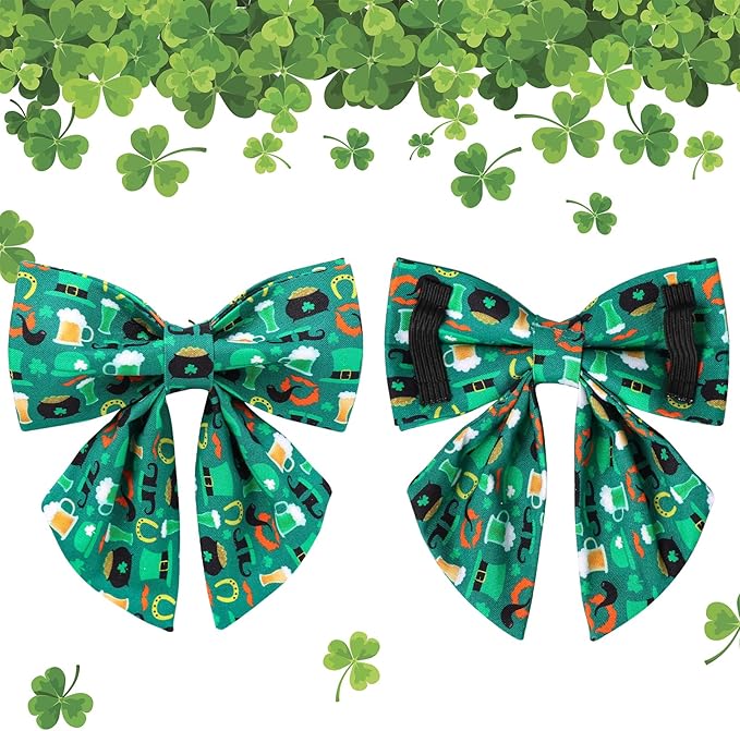 St. Patrick's Dog Collar with Bow Tie, Cotton St. Patrick's Bowtie Collar for Girl Boy Dog, Lucky Shamrock Dog Collar with Metal Buckle, Green, Spring, XS