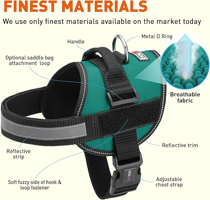 Dogline Dog Harness, Reflective No-Pull Adjustable Vest with Handle for Walking, Training, Breathable, No - Choke Harness for Small, Medium or Large Dogs Room for Patches Girth 18 to 24 in Turquoise