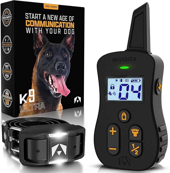INVIROX Shock Collar for Dogs [Ultra K9] 124 Training Levels, 4 Powerful Modes with Night-Light and ¾ Mile Range 100% Safe Dog Training Collars for Large Dogs IP67 Waterproof E Collar