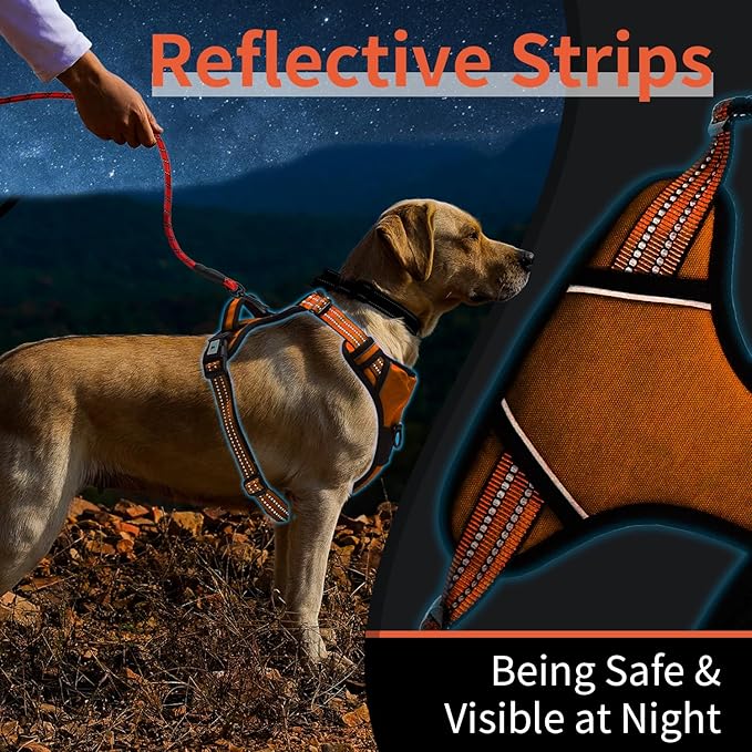 Dog Harness, No-Pull Pet Breathable Harness, Adjustable Soft Padded Dog Vest with 2 Leash Clips, Reflective No-Choke Pet, Easy Control Handle for Large Dogs, Orange, XL