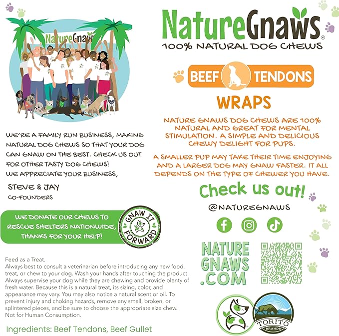 Nature Gnaws Beef Tendon Wraps for Dogs (5 Count) - Long Lasting for Aggressive Chewers - Natural Beef Dog Chew Bones - Rawhide Free